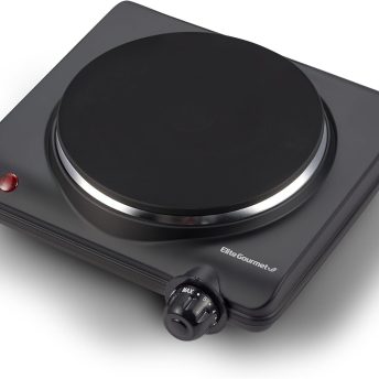 Elite Gourmet ESB-301BF# Countertop Single Cast Iron Burner, 1000 Watts Electric Hot Plate, Temperature Controls, Power Indicator Lights, Easy to Clean, Black