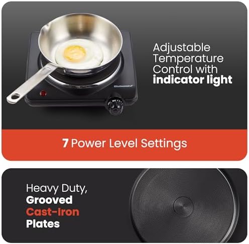Elite Gourmet ESB-301BF# Countertop Single Cast Iron Burner, 1000 Watts Electric Hot Plate, Temperature Controls, Power Indicator Lights, Easy to Clean, Black - Image 4