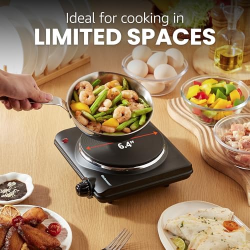 Elite Gourmet ESB-301BF# Countertop Single Cast Iron Burner, 1000 Watts Electric Hot Plate, Temperature Controls, Power Indicator Lights, Easy to Clean, Black - Image 5